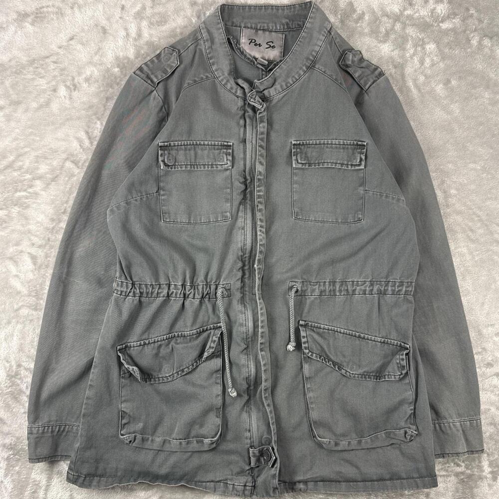 Per Se Womens Military Utility Jacket Large Olive Green Denim B35 discoloration